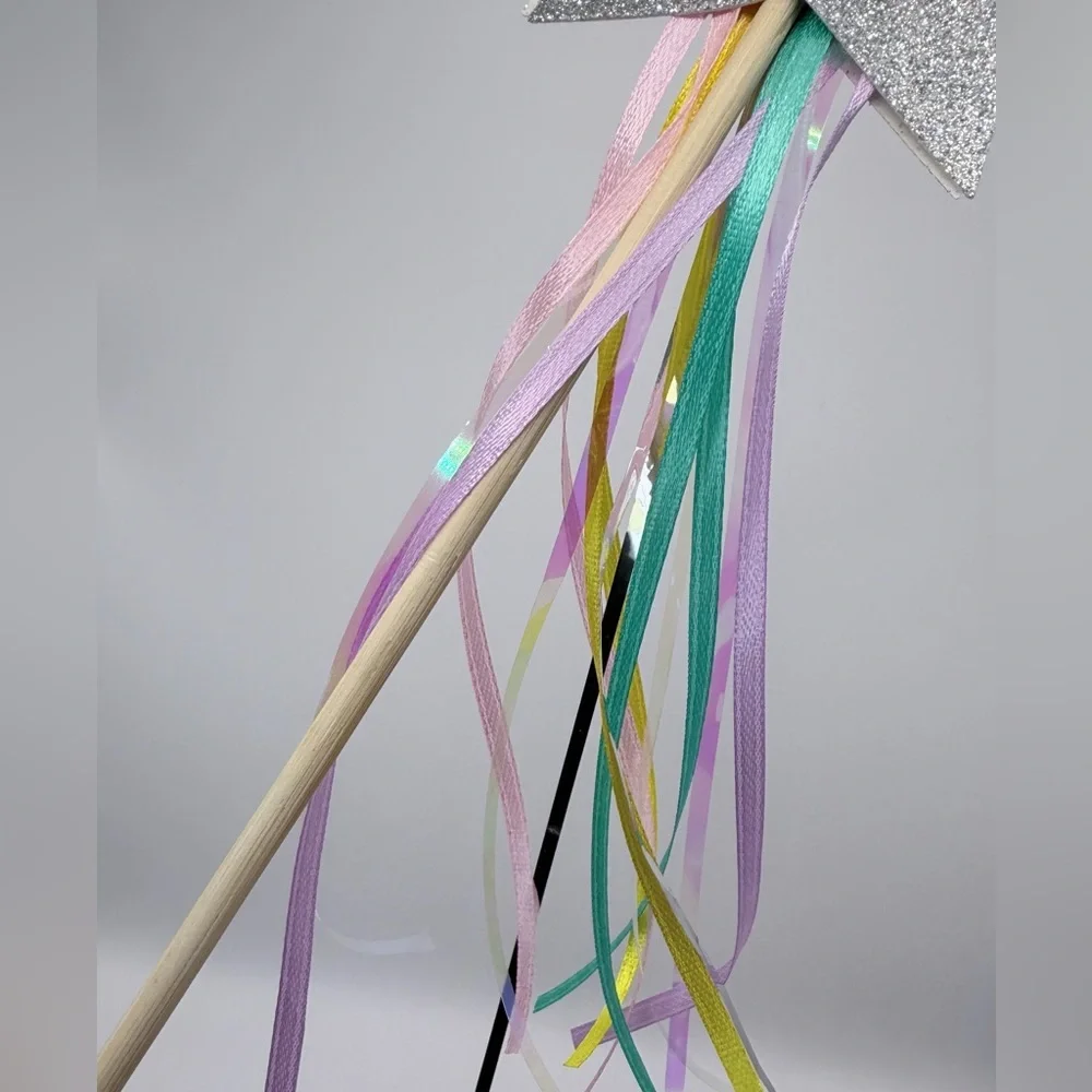 Silver Glitter Star Wand with Colorful Ribbons nwot